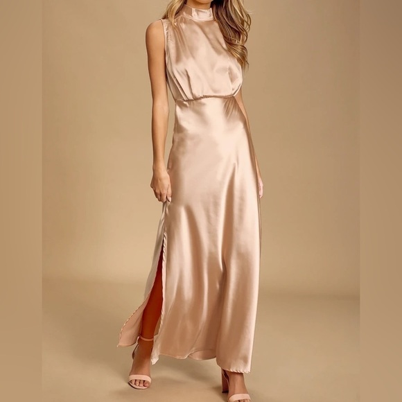 Lulus Dresses & Skirts - NWOT Classic Elegance Blush Satin Sleeveless Mock Neck Maxi Dress!